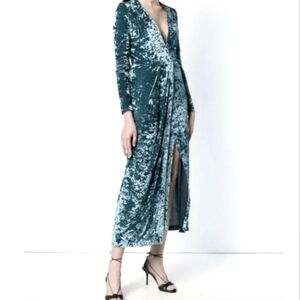 GALVAN London Prussian Blue Long Sleeve Plunge Crushed Velvet Maxi Dress